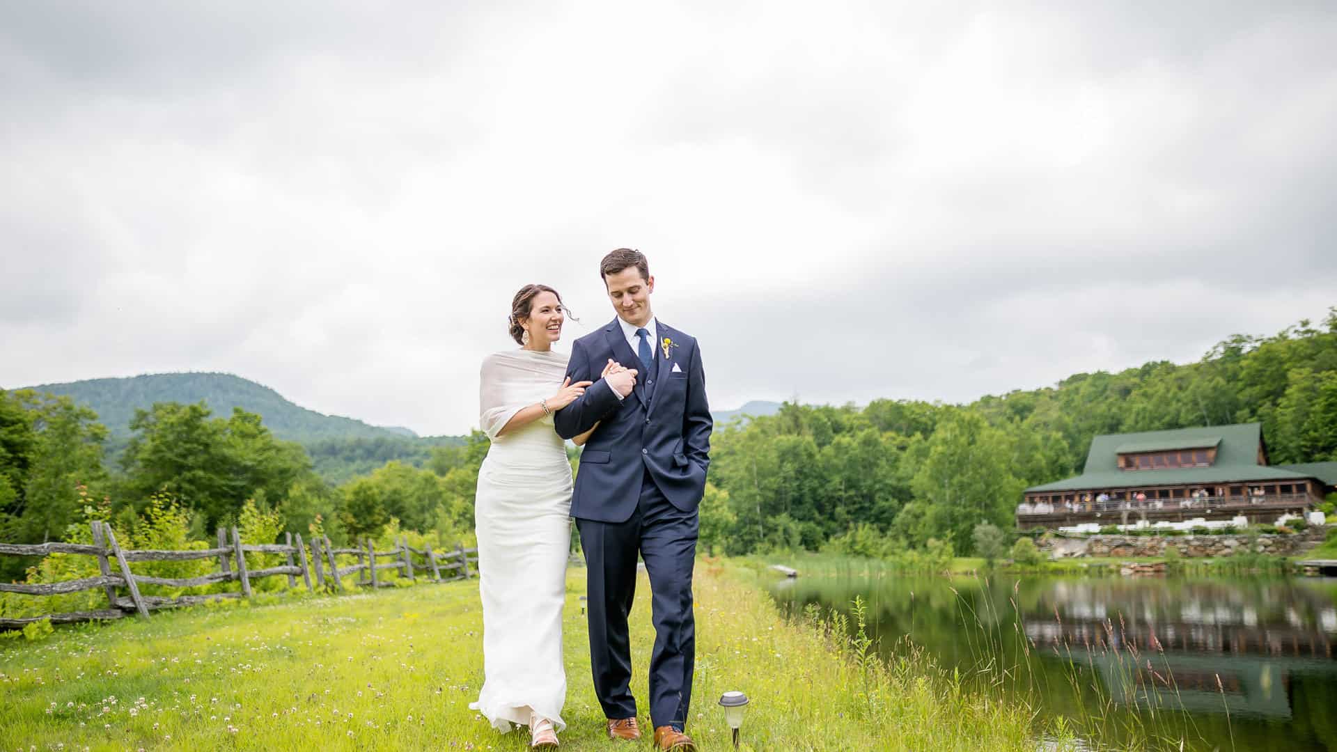 Essex Resort Wedding Photos Bride and Groom Walking around Pond