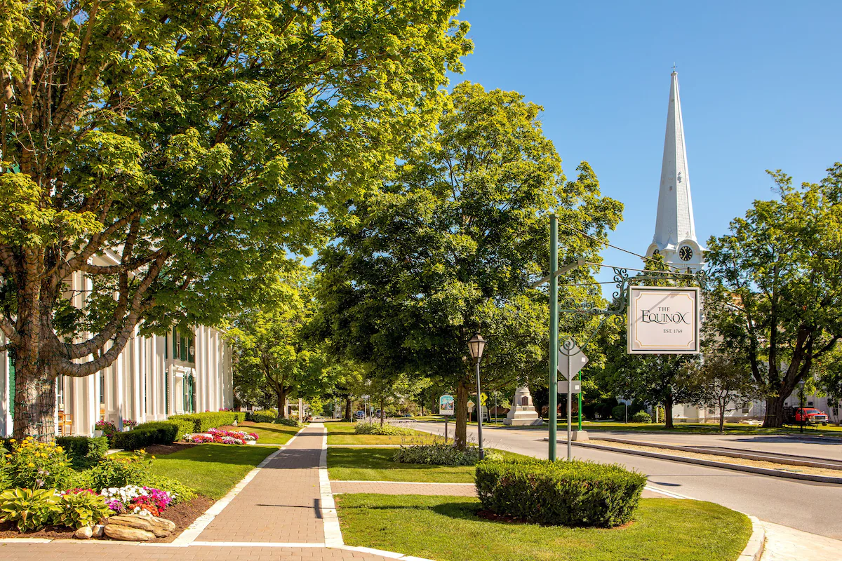 Equinox Resort and Spa Exterior Main Street Flowers and Church Steeple